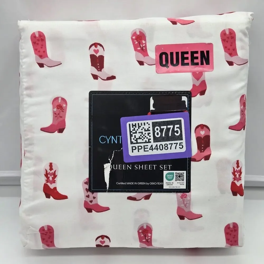 Cynthia Rowley COWGIRL WESTERN BOOTS Pink QUEEN Sheet Set Microfiber NEW
